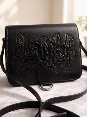Patricia Nash Ilina Leather Floral Embossed Tooled Black Crossbody Handbag